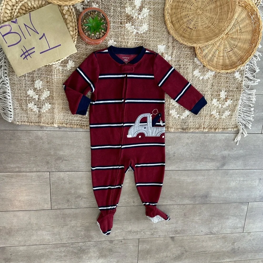 Carter's Toddler Boy Zip Footie Pajamas Sleeper Striped Fleece Tow Truck 18 M